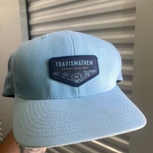 TravisMathew Flexfit Hat Mens L/XL Light Blue Golf Baseball Cap Logo Patch
